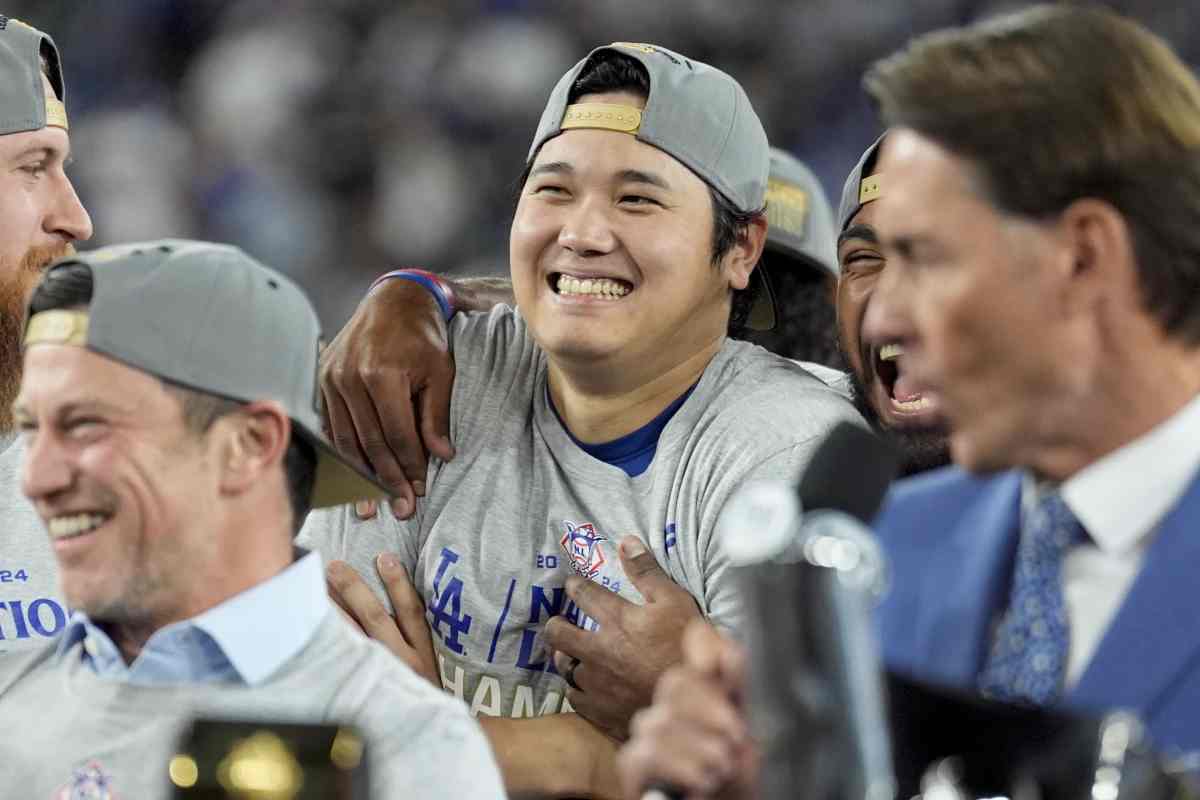 Dodgers' Shohei Ohtani celebrates the win against the Mets in Game 6 of the NLCS on October 20, 2024, in Los Angeles. The Dodgers will face the Yankees in the World Series.