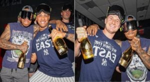 Yankees' pitchers Marcus Stroman, Luis Gil, and Clarke Schmidt celebrate after the Yankees clinched the AL East crown with win over the Orioles in the Bronx on Sept 26, 2024.