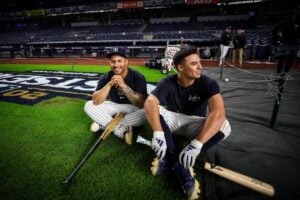 Gleyber Torres and Anthony Volpe are at Yankee Stadium for the New York Yankees' practice ahead of their playoff,  Oct. 1, 2024.