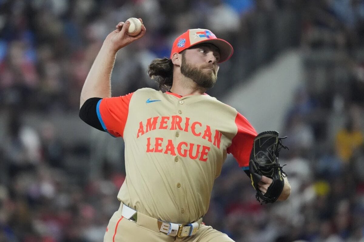 American League’s Corbin Burnes, of the Baltimore Orioles, throws during the first inning of the MLB All-Star baseball game, Tuesday, July 16, 2024, in Arlington, Texas.