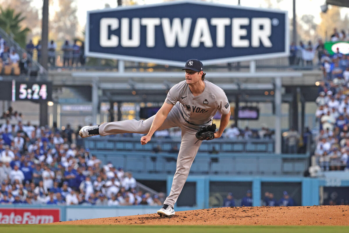 Gerrit Cole throws a pitch during the first inning of the Yankees’ 6-3, 10-inning loss to the Dodgers in Game 1 of the World Series on Oct. 24, 2025.