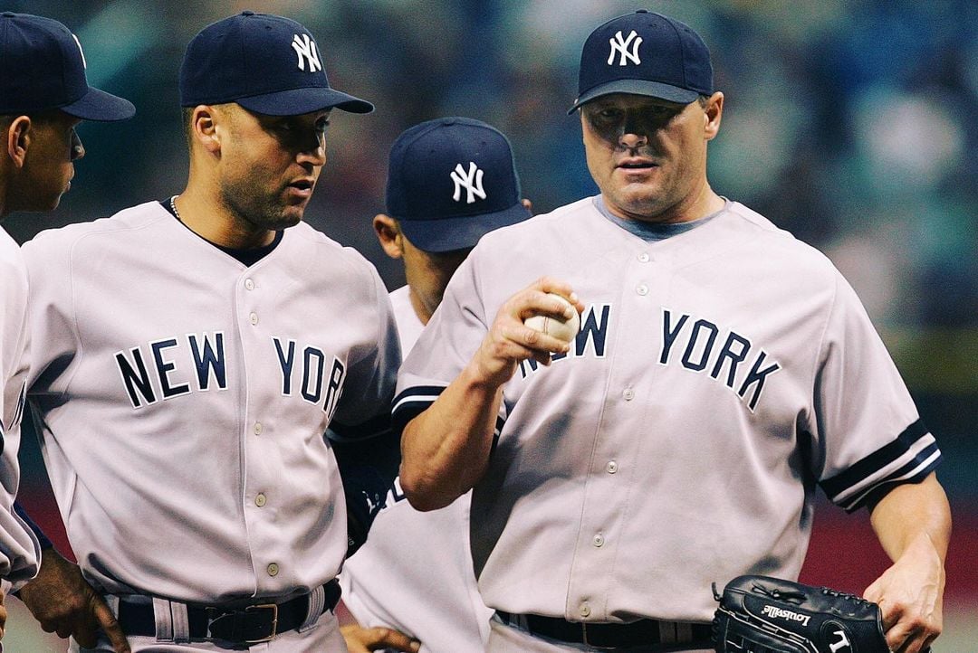 Former pitcher Roger Clemens in 2000, as a Yankees player with Derek Jeter