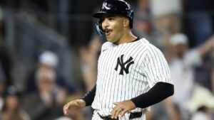 Yankees' Trent Grisham celebrates after hitting a home run against the Los Angeles Dodgers on June 9, 2024, in New York.