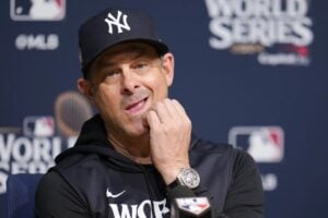 New York Yankees manager Aaron Boone speaks during a news conference during media day for the baseball World Series against the Los Angeles Dodgers, Thursday, Oct. 24, 2024, in Los Angeles.