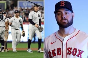 On the left, Yankees players react to their close Game 5 loss to the Dodgers in the 2024 World Series, while on the right, Red Sox pitcher Lucas Giolito appears in his Red Sox uniform