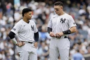 Yankees stars Aaron Judge and Juan Soto together in June 2024,