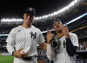 Yankees stars Aaron Judge and Juan Soto together in October 2024,