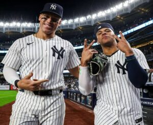 Yankees sluggers Aaron Judge and Juan Soto at Yankee Stadium on Oct. 6, 2024.