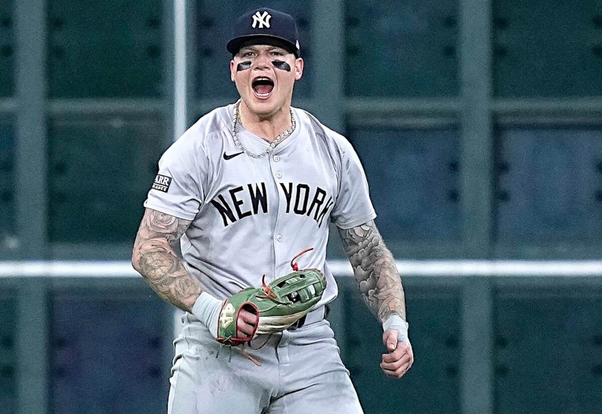 Yankees left fielder Alex Verdugo showed some emotion after his sliding basket catch ended an Astros' ninth-inning rally in Sunday's 4-3 win that completed a four-game, season-opening sweep at Minute Maid Park in Houston.