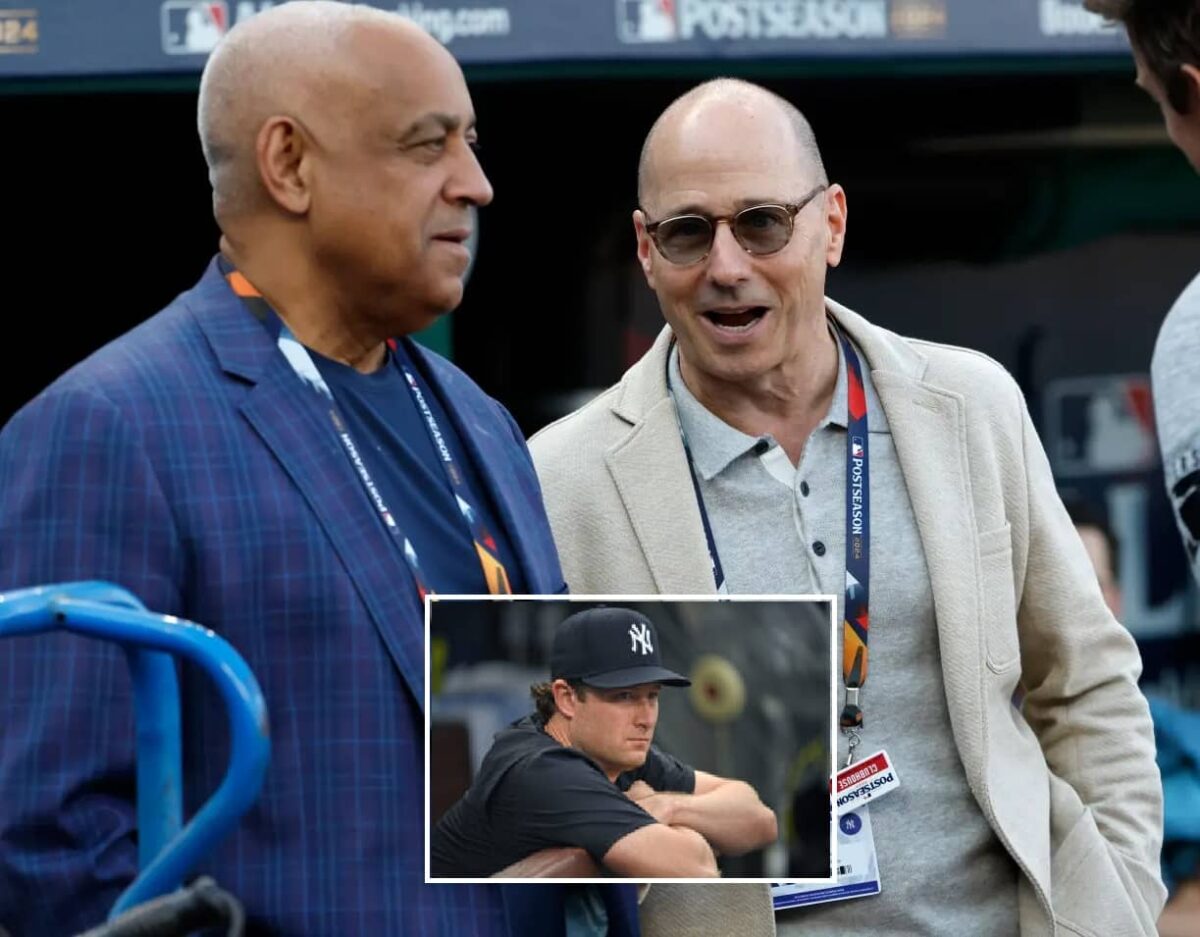 Yankees general manager Brian Cashman with assistant Omar Minaya. Inset: Gerrit Cole