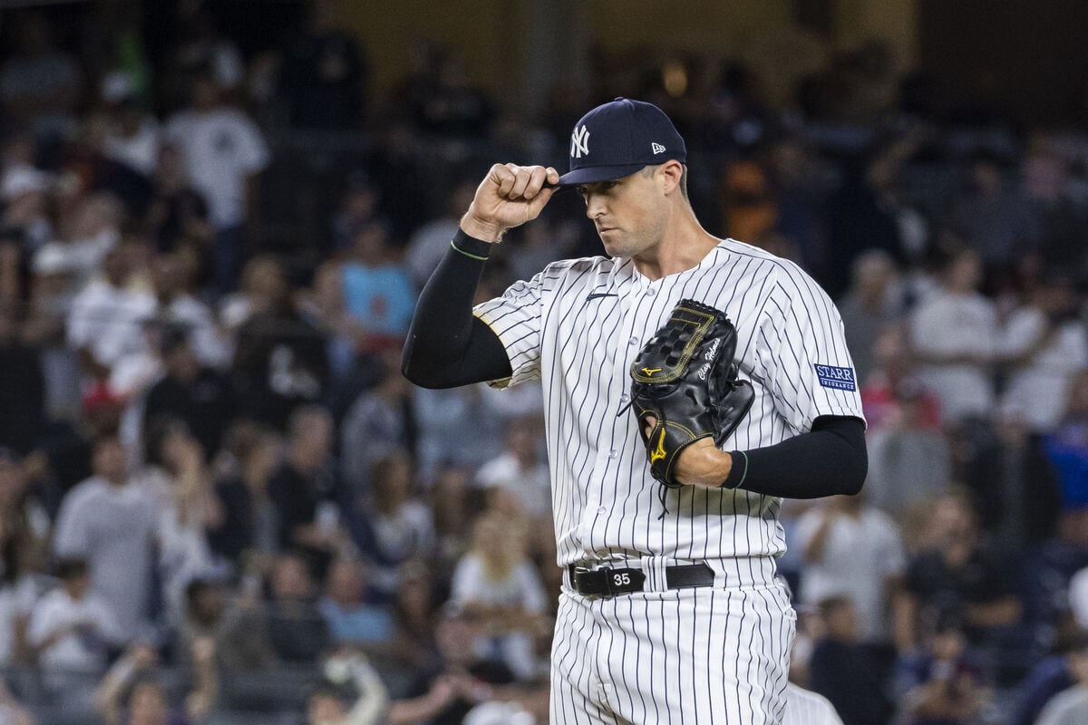 Clay Holmes reacts after nearly coming to blow his 12th save of the season as the Yankees battle the Royals at Yankee Stadium on Sept 11, 2024.