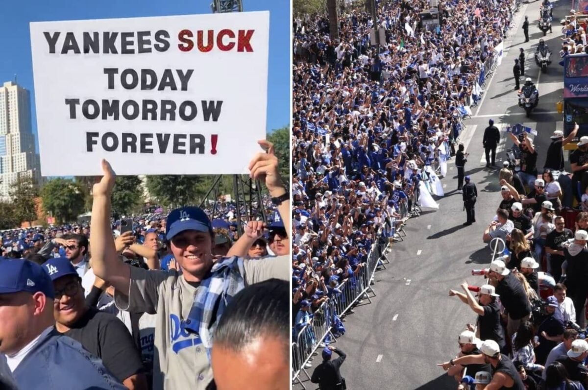 Among the many banners held during the Dodgers' championship parade in Los Angeles, a fan targeted the New York Yankees, with its bold placard: "Yankees s**k today, tomorrow, forever!"