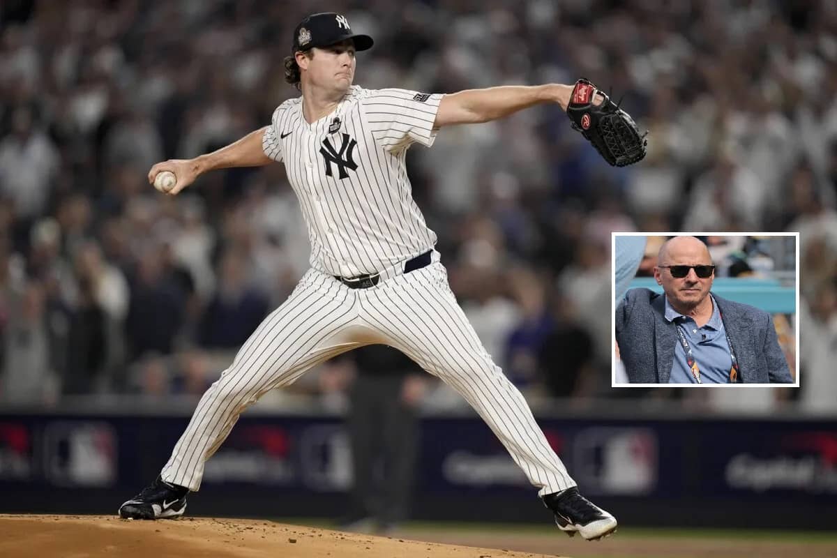 New York Yankees pitcher Gerrit Cole throws against the Los Angeles Dodgers during the first inning in Game 5 of the baseball World Series, Wednesday, Oct. 30, 2024, in New York. Inset: Brian Cashman