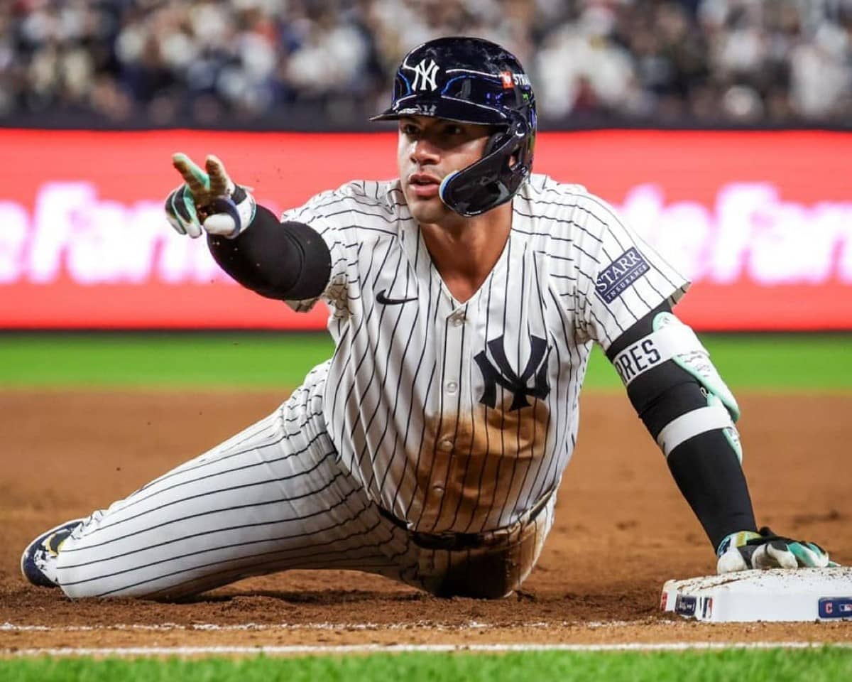 Yankees' second baseman Gleyber Torres steals a base against the Cleveland Guardians in the 6-3 win at Yankee Stadium on Oct 15, 2024.