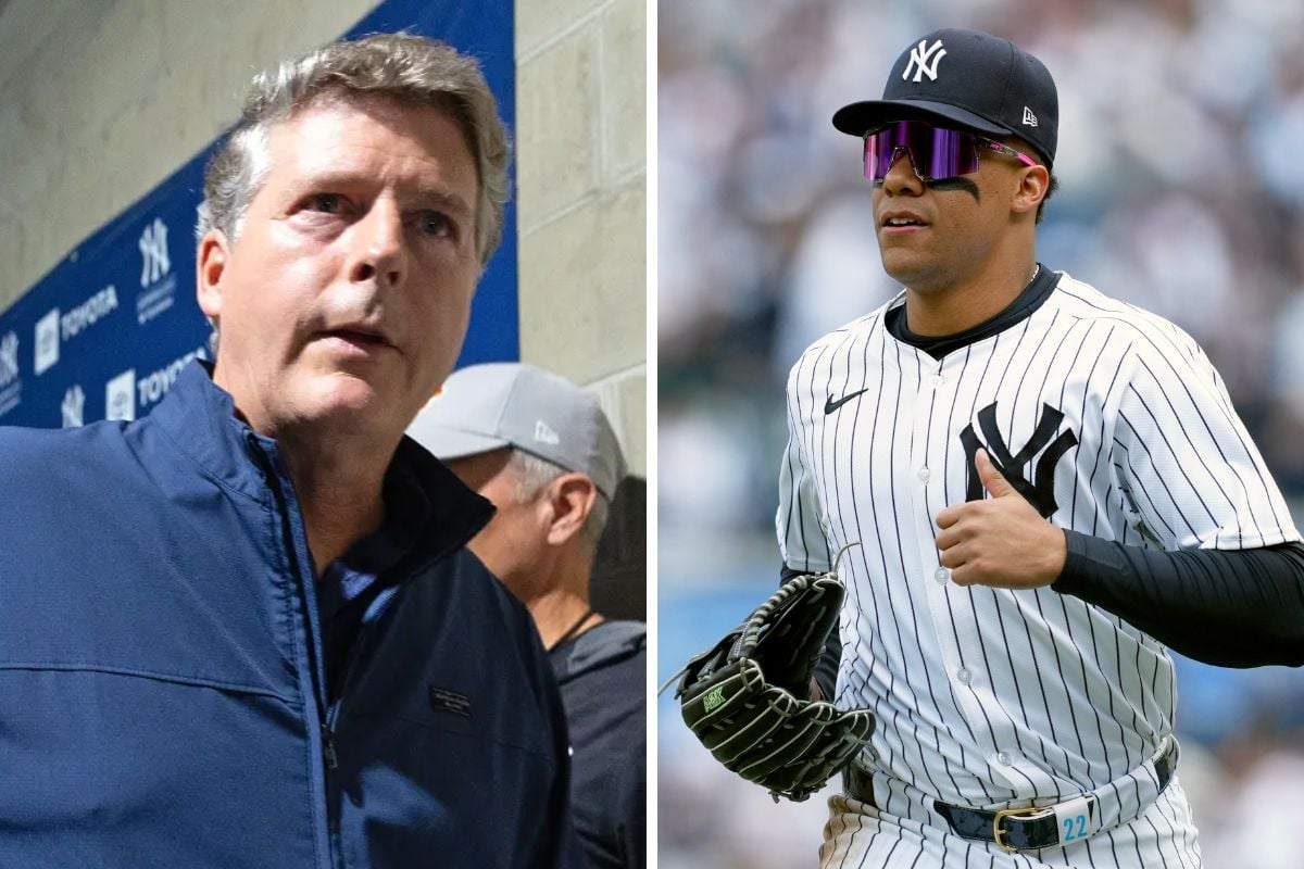 Yankees owner Hal Steinbrenner on the left, with Juan Soto as a Yankees player on the right during the 2024 season