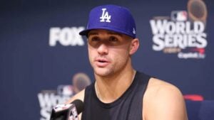 Jack Flaherty at the press conference before the 2024 MLB World Series at Dodger Stadium in October. In November 2024, rumors circulate that the Yankees may be interested in adding him for the next season.