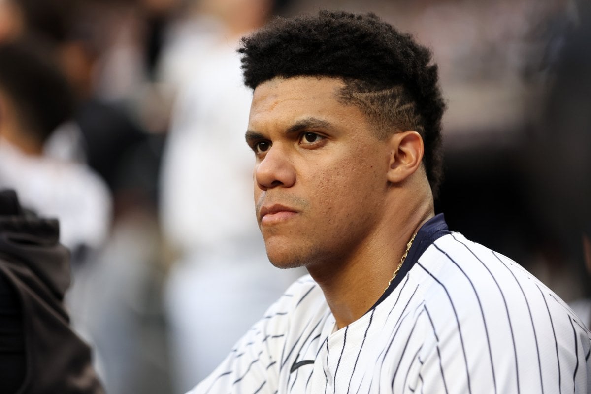 Juan Soto of the New York Yankees at bat against the Los Angeles Dodgers on June 7, 2024, at Yankee Stadium.  