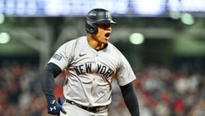 Yankees' slugger Juan Soto reacts after his home run helped team beat the Guardians on Oct. 18, 2024, in Cleveland.