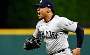 LOS ANGELES, CALIFORNIA - OCTOBER 25: Juan Soto #22 of the New York Yankees tosses his bat after drawing a walk in the first inning against the Los Angeles Dodgers during Game One of the 2024 World Series at Dodger Stadium on October 25, 2024 in Los Angeles, California.