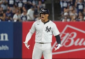 Yankees outfielder Juan Soto (22) reacts after he hits a RBI double against the Cardinals.4Yankees outfielder Juan Soto (22) reacts after he hits a RBI double against the Cardinals.