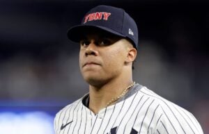 NEW YORK, NEW YORK - SEPTEMBER 11: Juan Soto #22 of the New York Yankees in action against the Kansas City Royals at Yankee Stadium on September 11, 2024 in New York City. The Yankees defeated the Royals 4-3 in eleven innings.