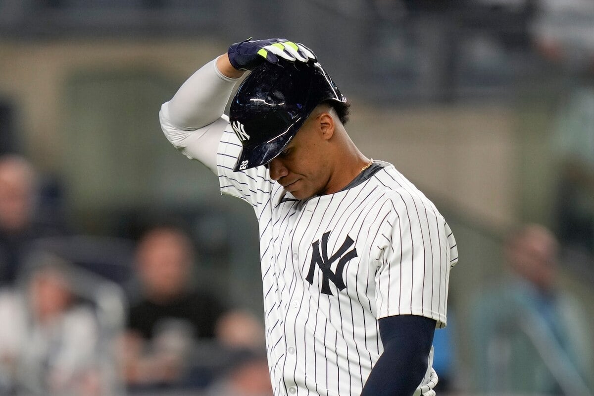 New York Yankees' Juan Soto reacts after striking out during the ninth inning of a baseball game against the Kansas City Royals at Yankee Stadium Tuesday, Sept. 10, 2024, in New York. 