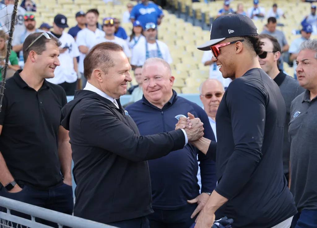 Yankees free agent outfielder Juan Soto met with his agent, Scott Boras, before Game 1 World Series at Dodger Stadium on Oct. 25.