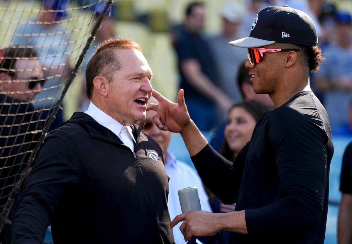 Yankees free agent outfielder Juan Soto met with his agent, Scott Boras, before Game 1 World Series at Dodger Stadium on Oct. 25.