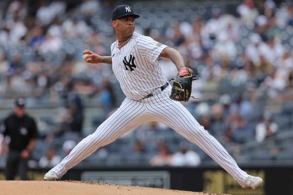 Yankees pitcher Luis Gil throws the ball during an MLB game in September 2024 in New York