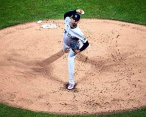 Yankees' Luis Gil is pitching against the Guardians at Progressive Field on Oct. 18, 2024.