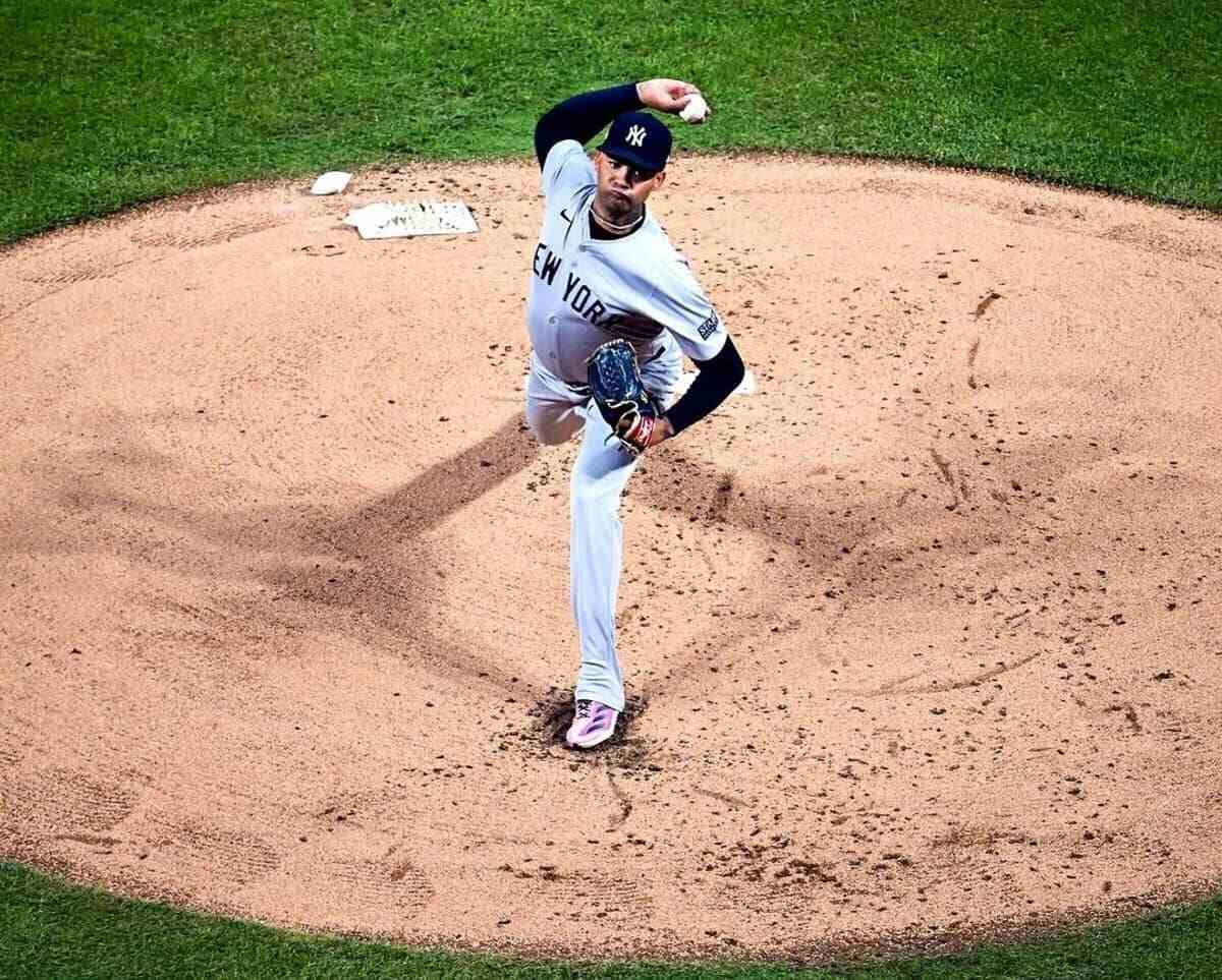 Yankees' Luis Gil is pitching against the Guardians at Progressive Field on Oct. 18, 2024.