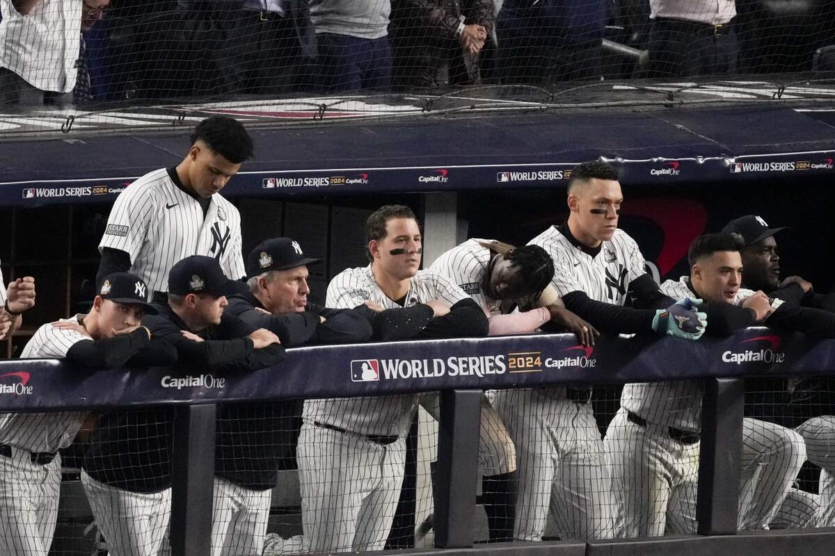 The New York Yankees watch during their loss against the Los Angeles Dodgers in Game 5 of the baseball World Series, Wednesday, Oct. 30, 2024, in New York.