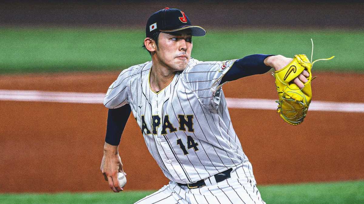 MIAMI, FLORIDA - MARCH 20: Roki Sasaki #14 of Team Japan throws the ball during the third inning against Team Mexico during the World Baseball Classic Semifinals at loanDepot park on March 20, 2023 in Miami, Florida. Roki Sasaki has been linked with a move to the Yankees.