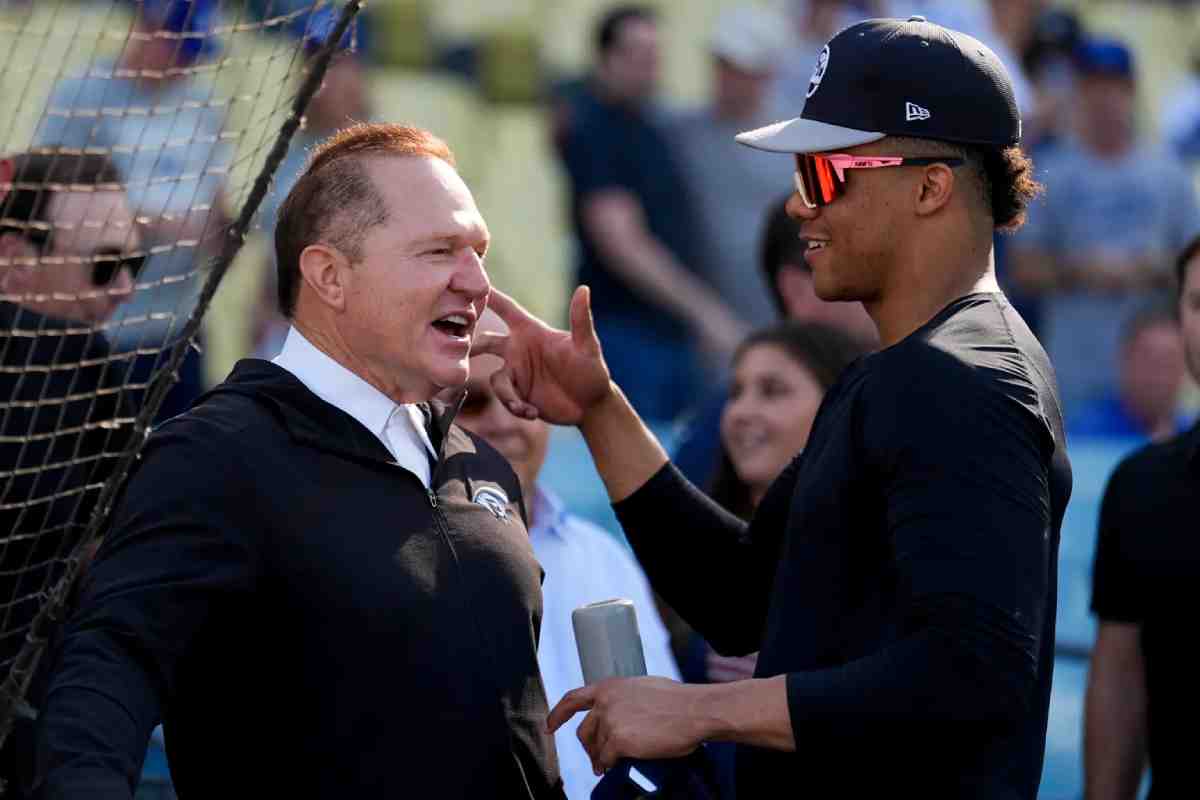 Yankees free agent outfielder Juan Soto met with his agent, Scott Boras, before Game 1 World Series at Dodger Stadium on Oct. 25.