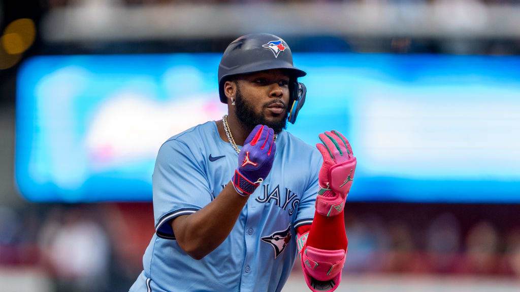 Vladimir Guerrero Jr. during a 2024 MLB game for the Blue Jays, rumored to be on the Yankees' radar as a potential trade candidate.