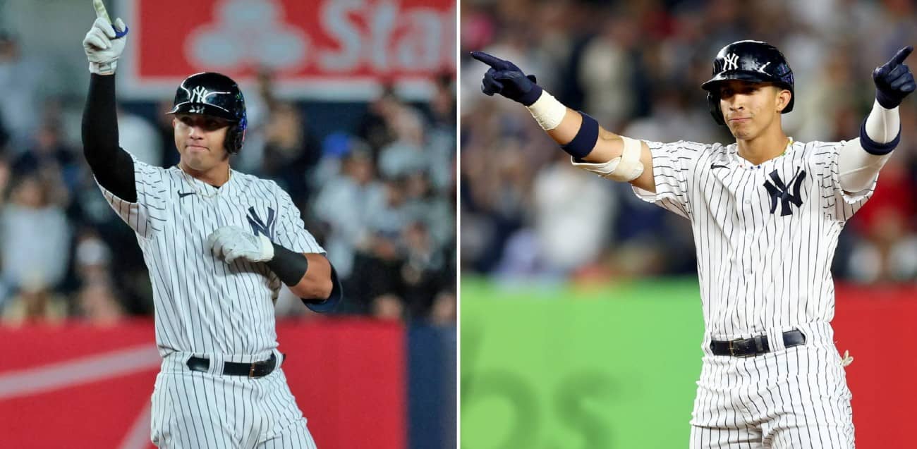 Oswald Peraza and Oswaldo Cabrera of the New York Yankees.