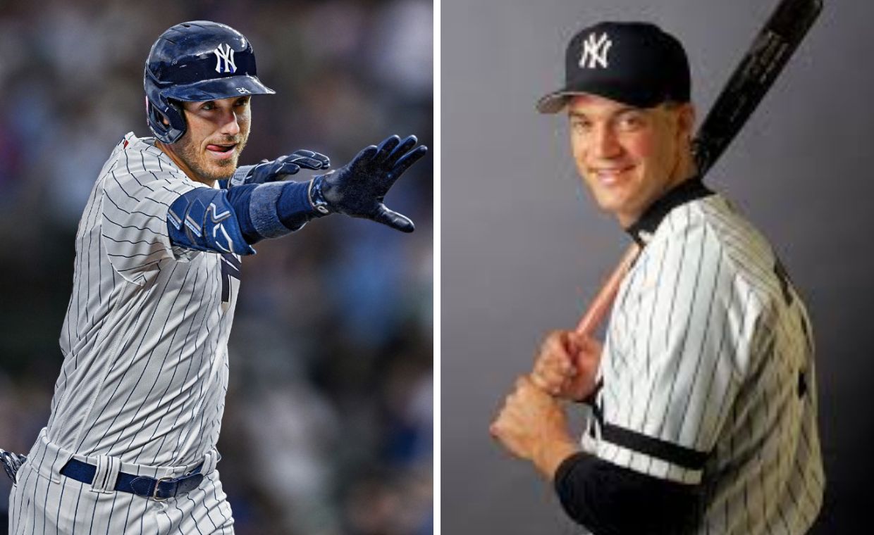 Cody Bellinger wearing a Yankees cap and uniform, (left) / Clay Bellinger(right)