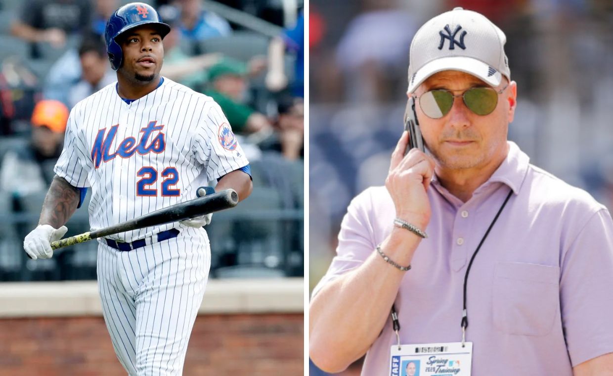 Dominic Smith (left) and Yankees general manager Brian Cashman (right)