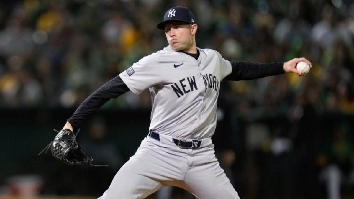 New York Yankees pitcher Tim Mayza throws to an Oakland Athletics batter during the ninth inning of a baseball game Saturday, Sept. 21, 2024, in Oakland, Calif. 
