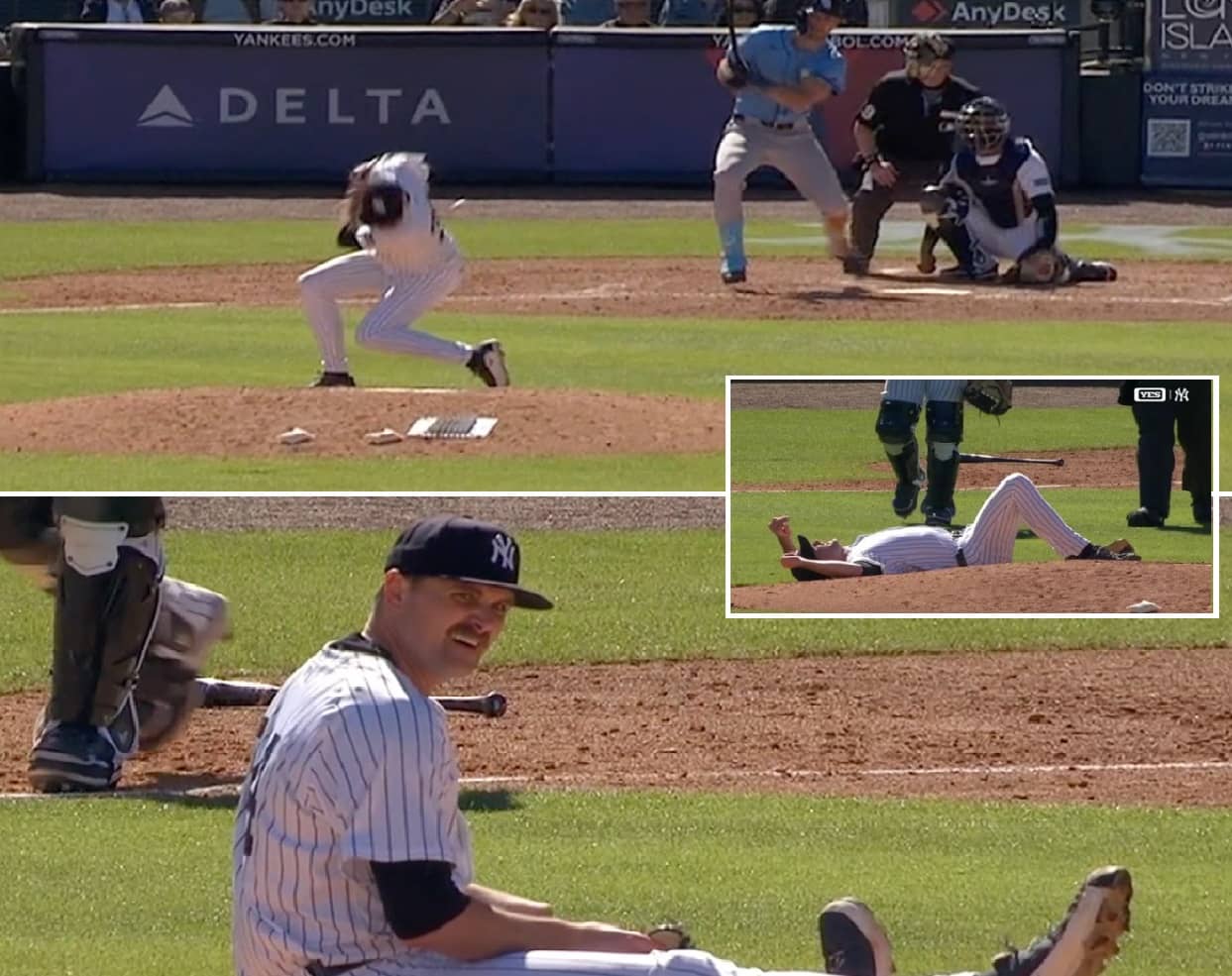 Yankees' pitcher JT Brubaker reacts after getting injured while trying to duck a line drive from Rays' leadoff hitter Kameron Misner in Tampa, FL, on Feb 21, 2025.