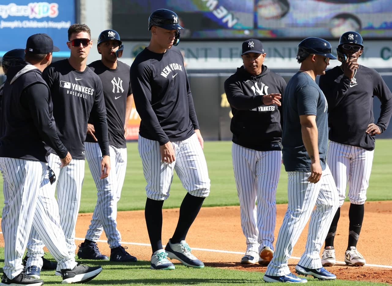 Aaron Judge and his Yankees teammates are together on the eve of their last practice day at Spring Training camp at George M. Steinbrenner Field, Tampa, Florida, March 23, 2025.