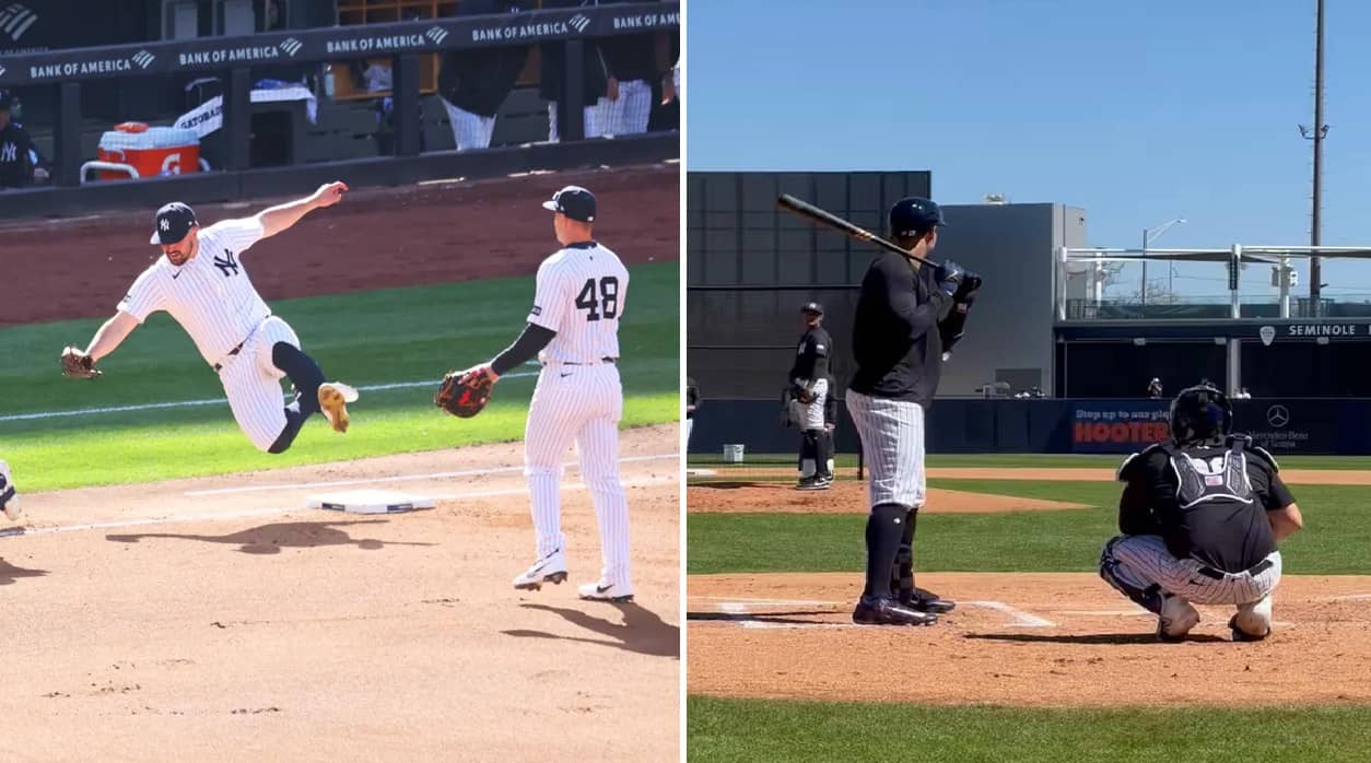 Yankees' Carlos Rodon fails to control his footwork on March 27, 2025. Giancarlo Stanton swings during a practice.