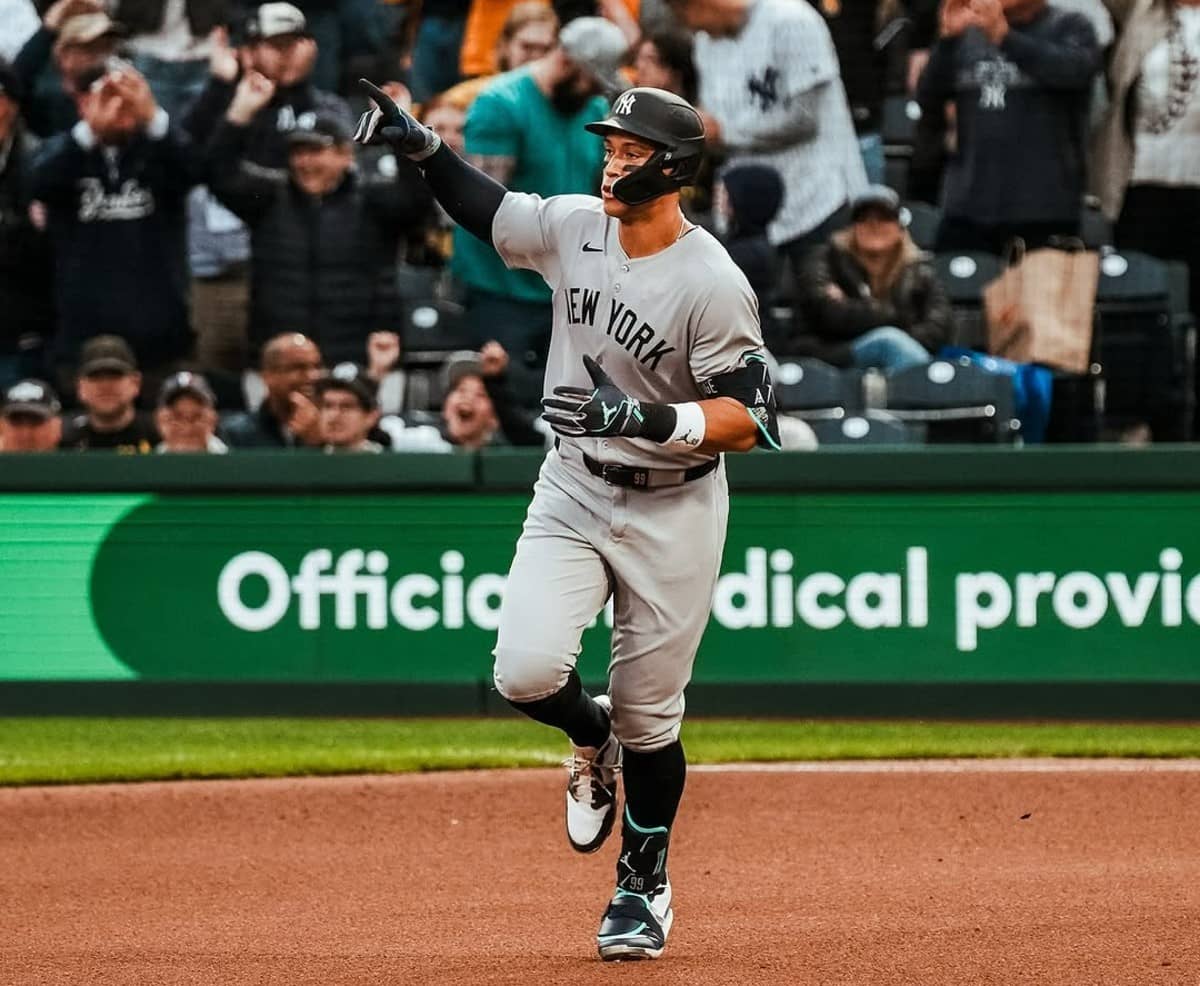 Aaron Judge celebrates after hitting a home run in his 1000th Yankees game, vs. the Pirates, PNC Park, Apr 4, 2025.