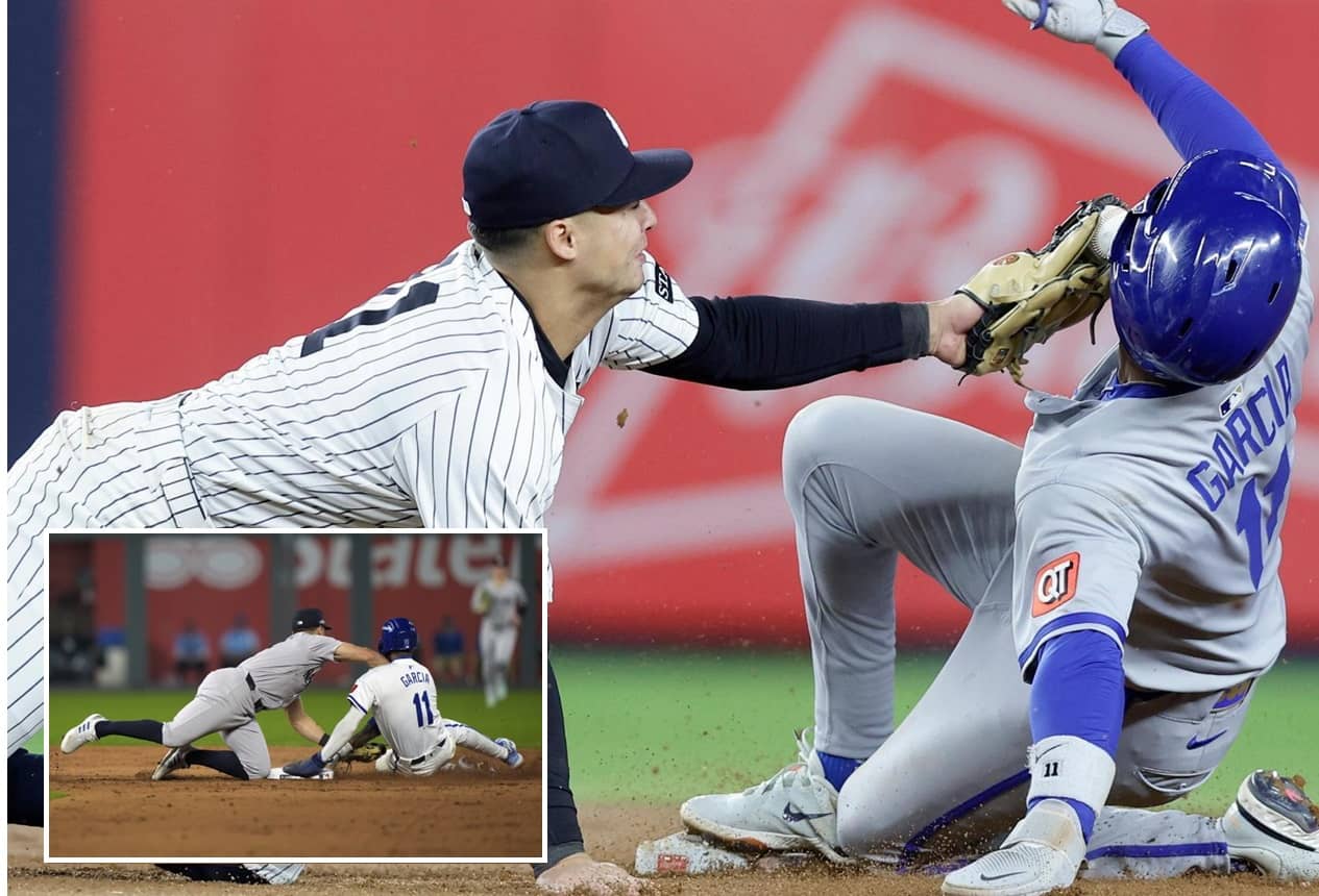 Yankees' Anthony Volpe tagging Royals' Maikel Garcia on his face in New York, Apr 2025. (Inset) He made a similar tagging on him in Kansas City on October 11, 2024.