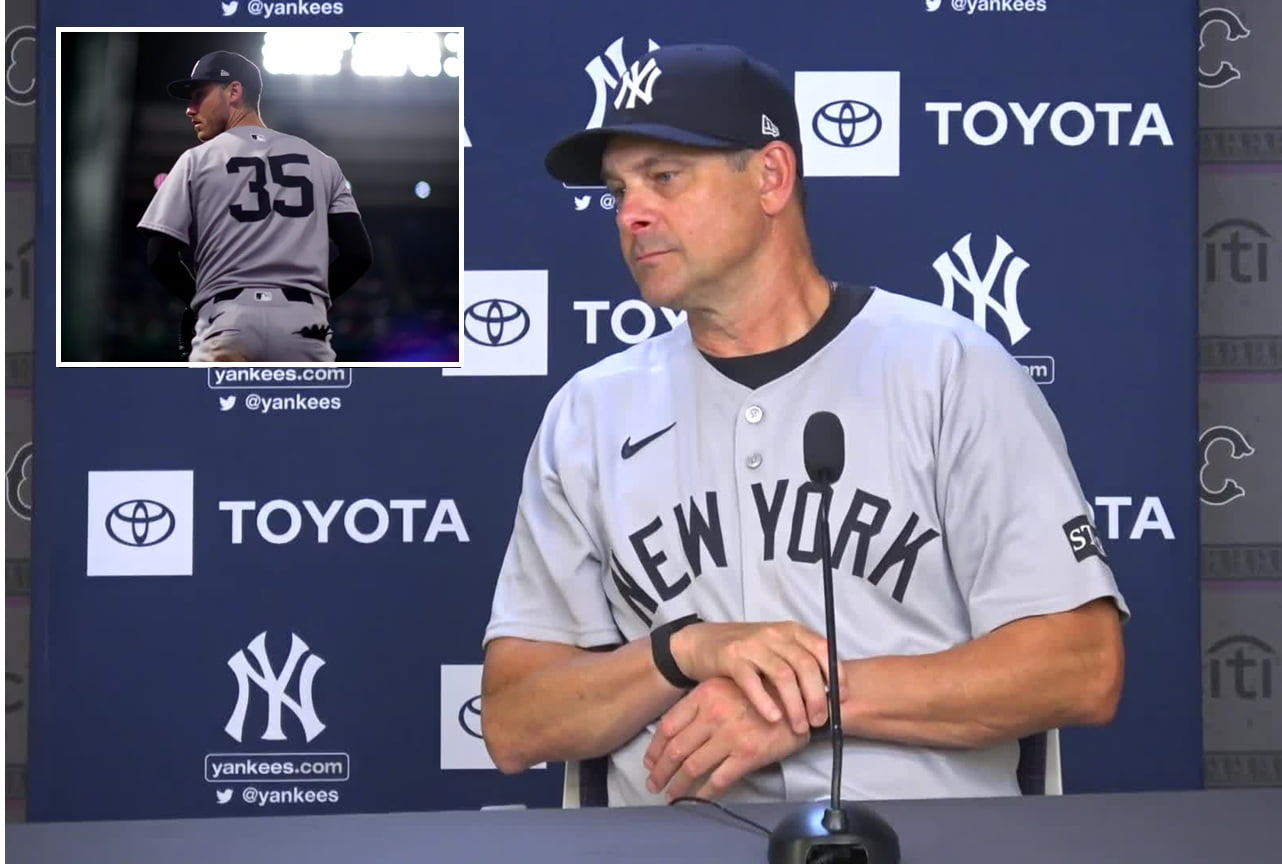Aaron Boone speaks after the Yankees’ 12-6 loss to the Mets in New York on July 5, 2025. Inset: Cody Bellinger.
