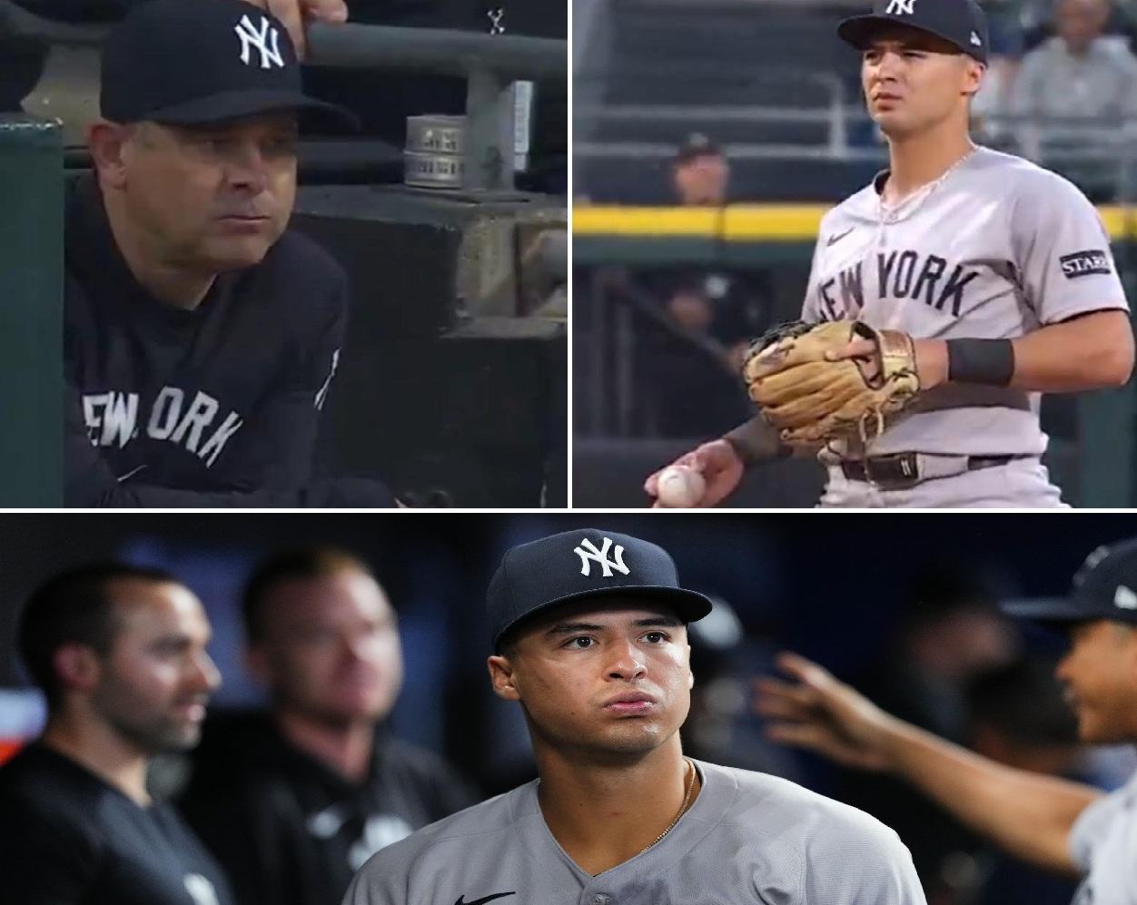 Yankees' manager reacts to Anthony Volpe' 18th defensive error in the game against the White Sox in Chicago on Aug. 28, 2025.