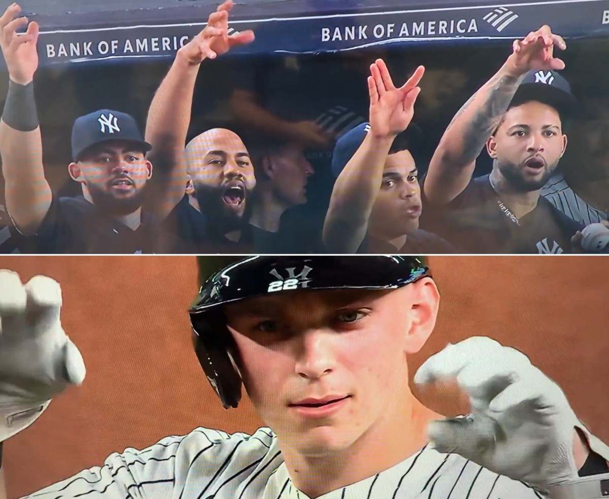 Yankees teammates pull out a crazy prank from dugout on Ben Rice during the game against the Twins at Yankee Stadium on Aug 13, 2025.