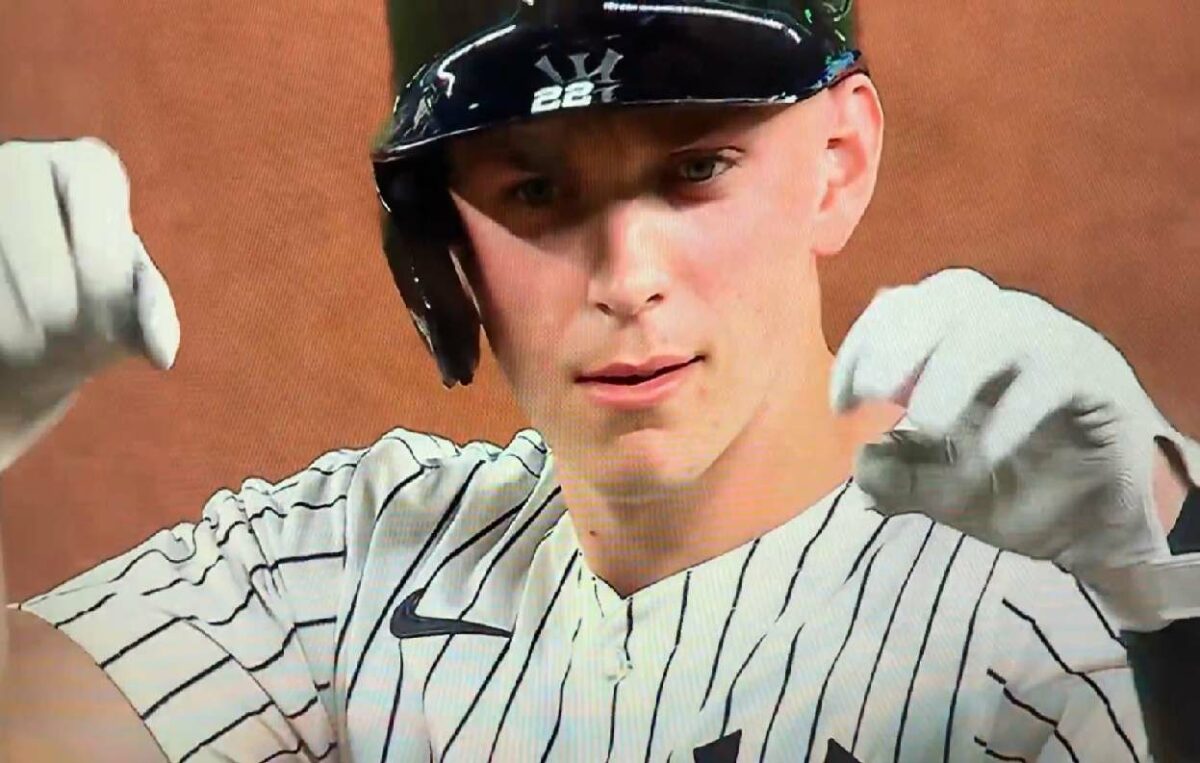 Ben Rice reacts in confusion to Yankees teammates' crazy prank from dugout during the game against the Twins at Yankee Stadium on Aug 13, 2025.