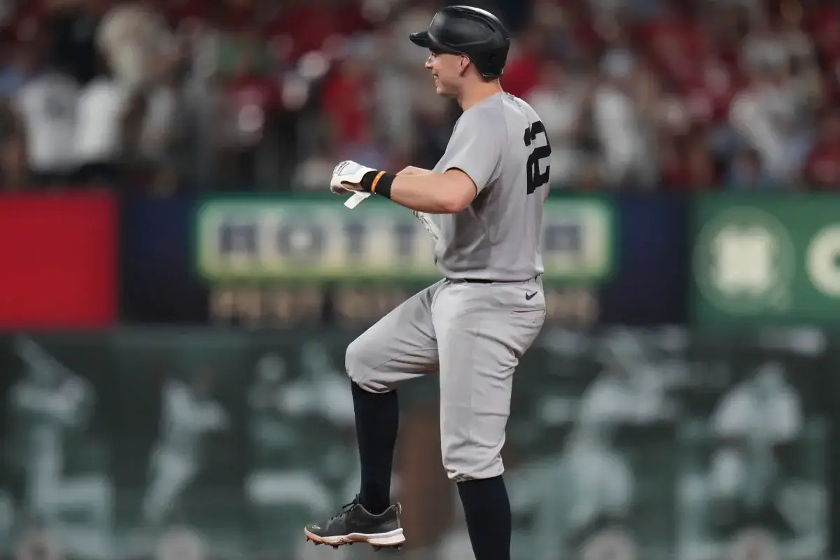 Ben Rice reacts after hitting a double during the Yankees’ 12-8 road win over the Cardinals on Aug. 16, 2025.