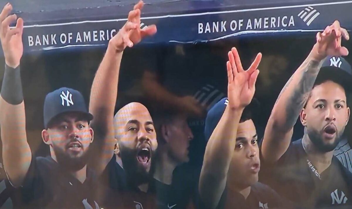 Yankees teammates are pulling out a crazy prank from dugout on Ben Rice during the game against the Twins at Yankee Stadium on Aug 13, 2025.
